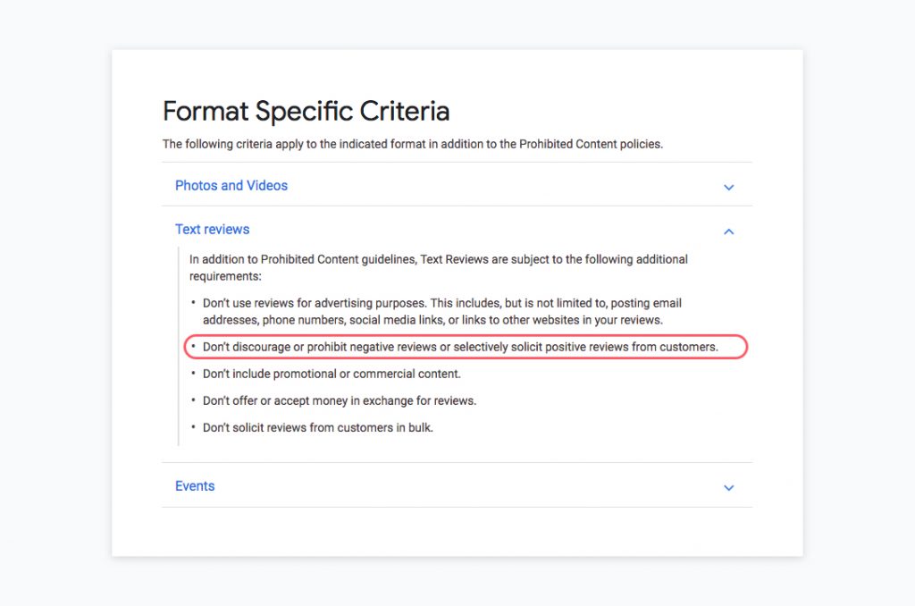 Format specific criteria for Google reviews preventing review gating