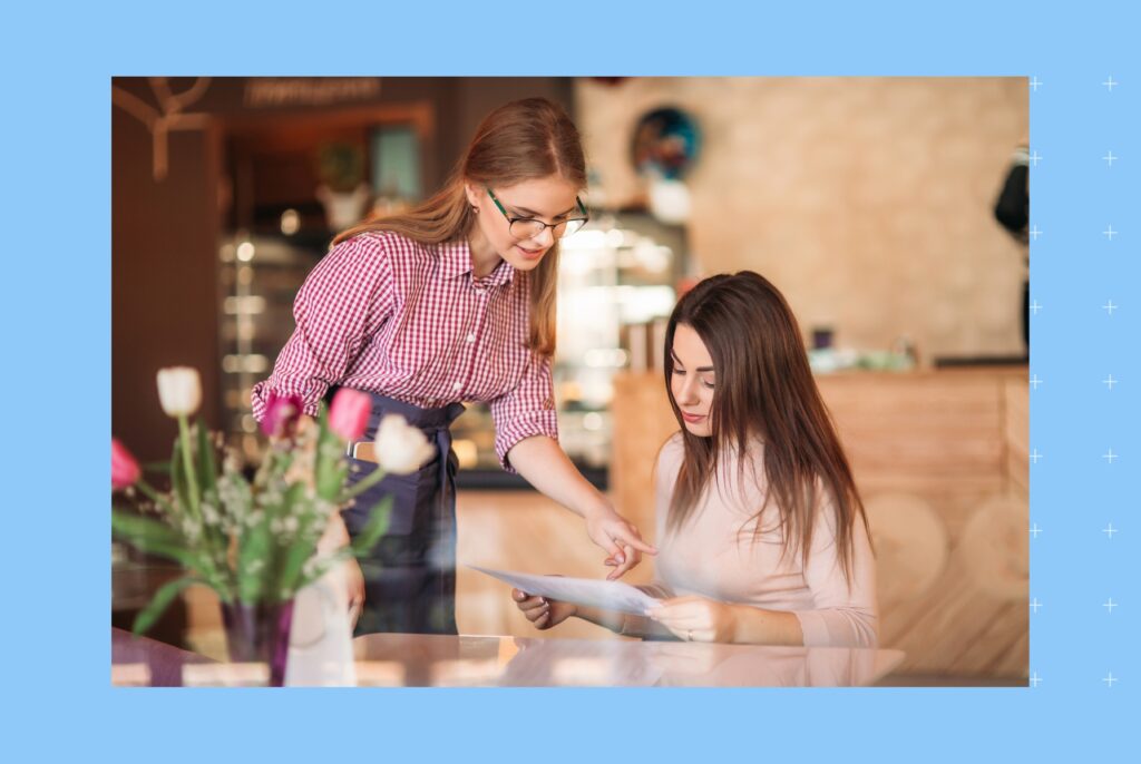 This blog is about customer marketing strategies a business needs to increase their brand reputation. The image depicts a professional showing enthusiasm to serve their customers.