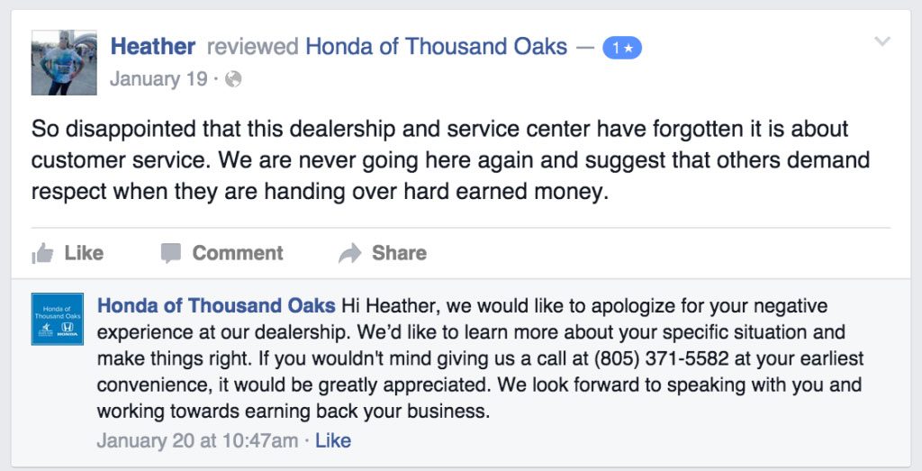 An example showing how a business responds to bad feedback.