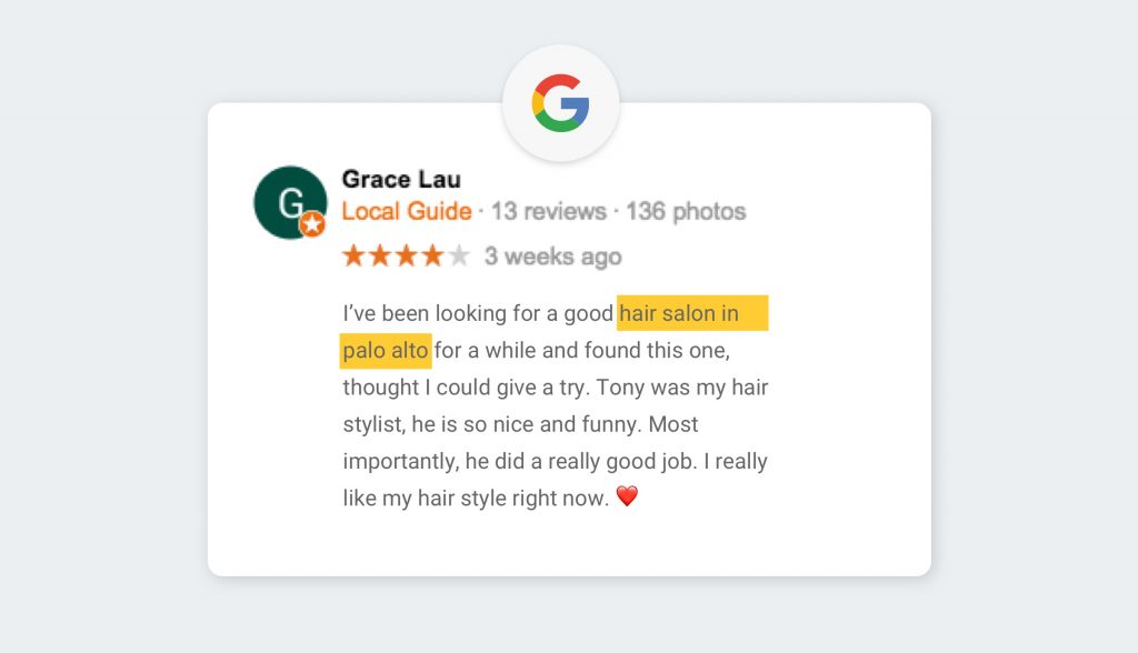 An example of keywords highlighted within a Google review