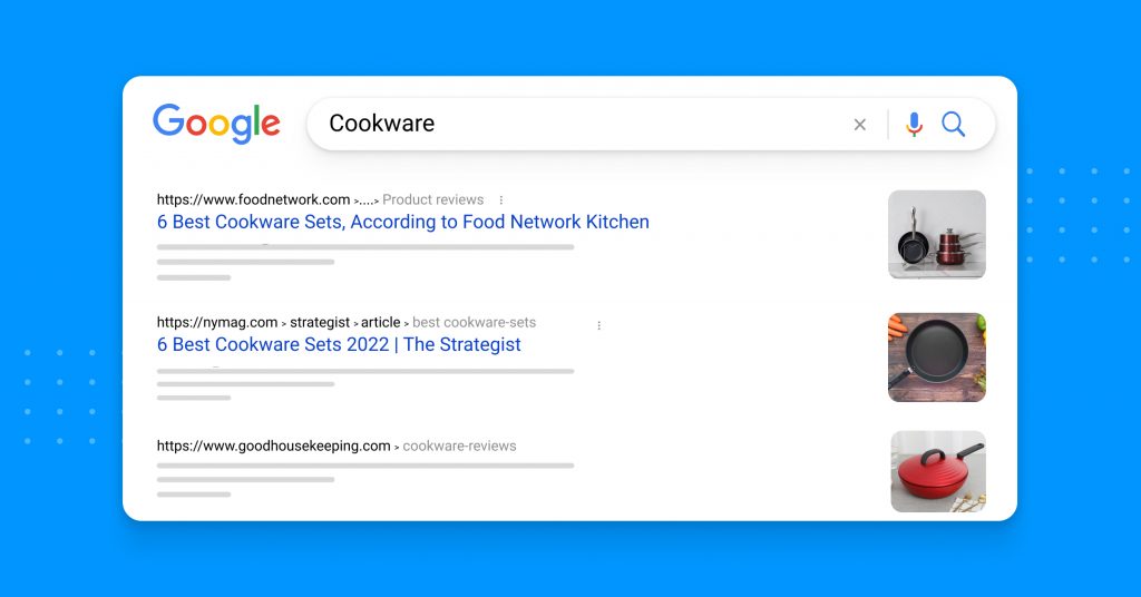 Example of search results for cookware on Google's Search Engine Results Page (SERP)