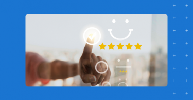 An image of a happy customer leaving a 5 star review for a business
