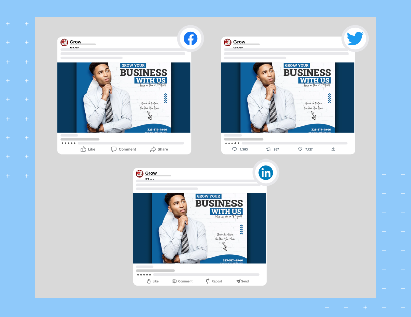 An example graphic showing how reviews shared from the Birdeye platform to various social media channels look like.