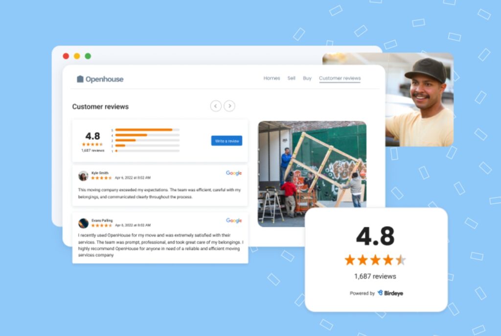 This image is for the blog on AI in real estate marketing. The pic depicts Birdeye's product dashboard. Birdeye helps businesses improve their customer experience.
