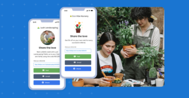 Customer referral program for a landscaping company displayed on mobile devices overlapping to gardeners.