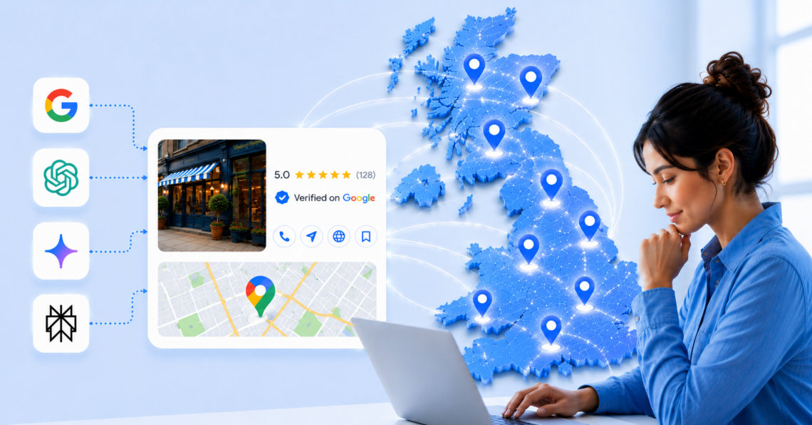 UK local SEO services built for multi-location brands. AI tools, agencies vs platforms, compliance for healthcare/FCA/CMA, AI Mode citation strategy.