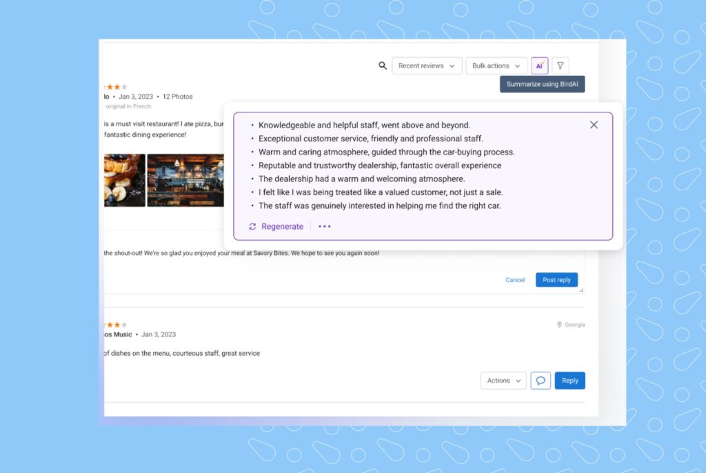 This is an image for the blog AI for reputation management. This is the UI/UX of Birdeye Reviews. Do more with BirdAI.