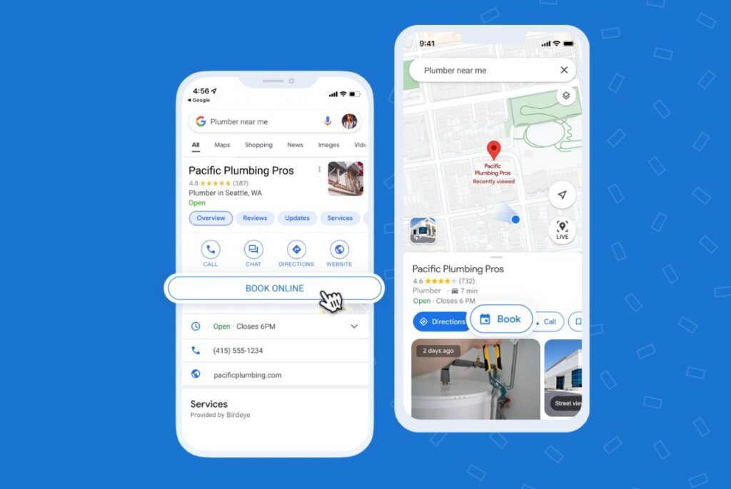 Example of how the "Book" button shows up on Google Business Profile and Google Maps.