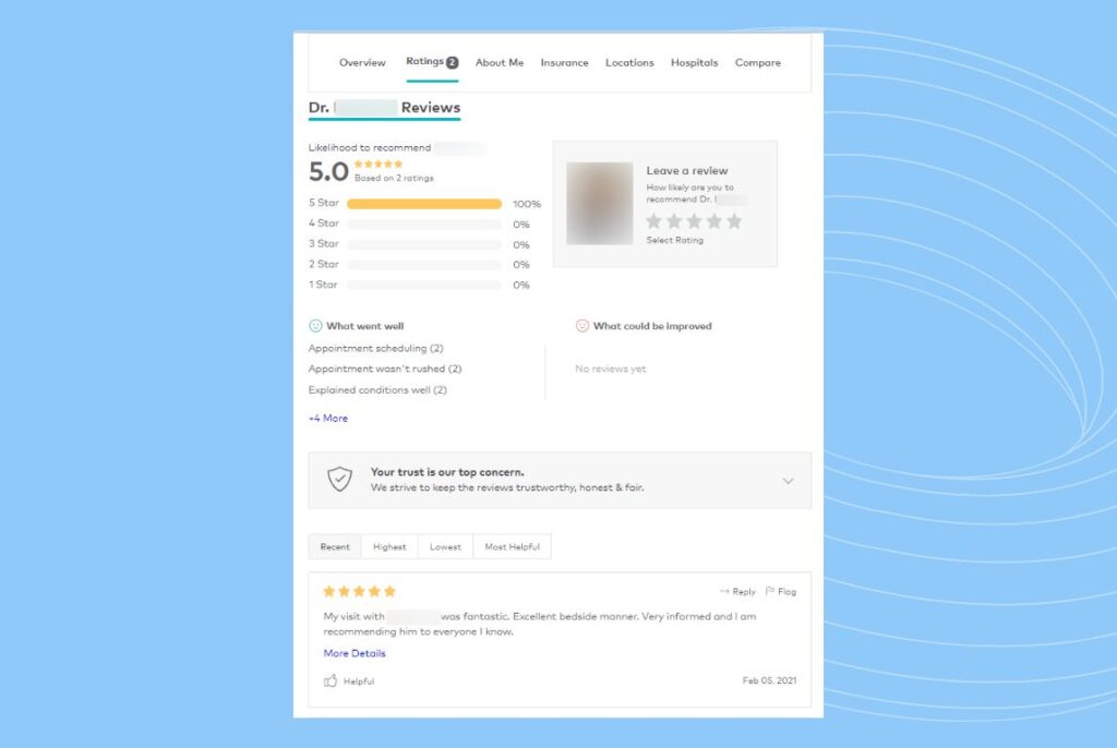 Image showing how a Healthgrades reviews page looks like