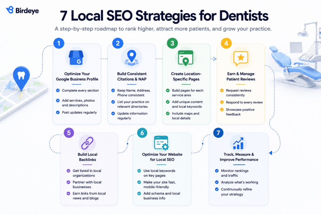 Roadmap illustrating the seven essential local SEO strategies for dentists, including Google Business Profile optimization, NAP consistency, reviews, location pages, backlinks, website SEO, and performance tracking.