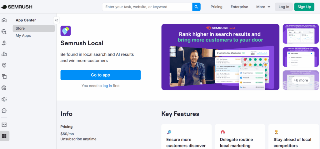 A Semrush App Center page showcasing the “Semrush Local” app with pricing, key features, and a banner about ranking higher in local search.