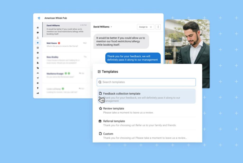 Image shows how businesses can Birdeye AI tools to collect customer feedback 24/7 with chatbots