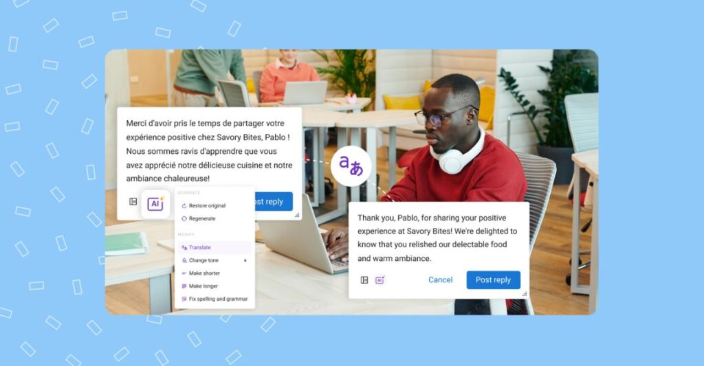 Image shows a business owner managing CUSTOMER feedback using AI