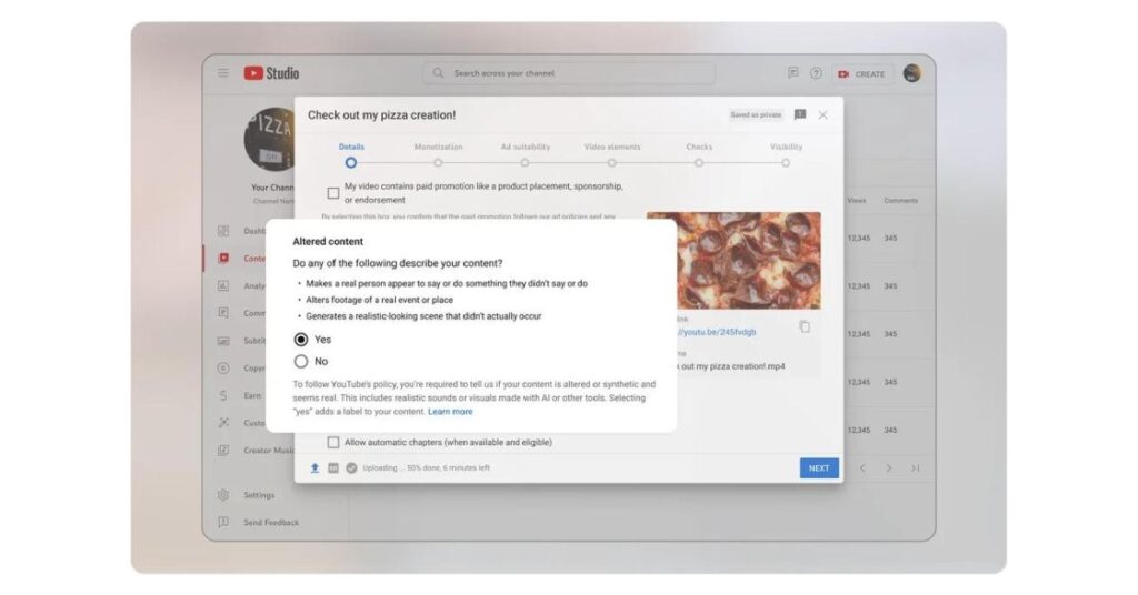 Screenshot showing how creators need to disclose AI-generated content in YouTube videos.