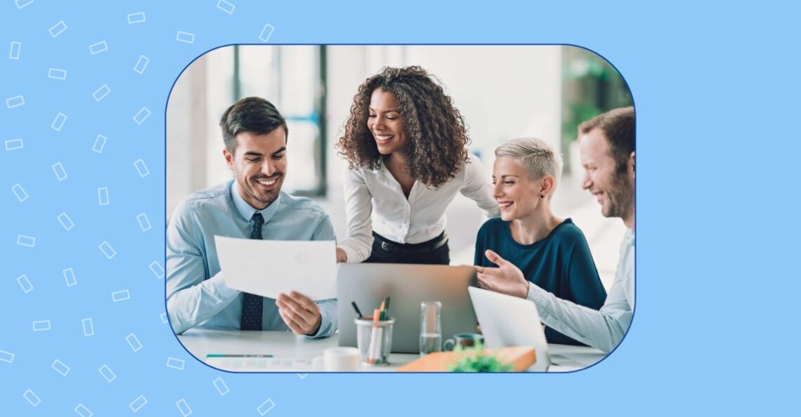 Image shows a sales team using AI-driven reports to understand their performance