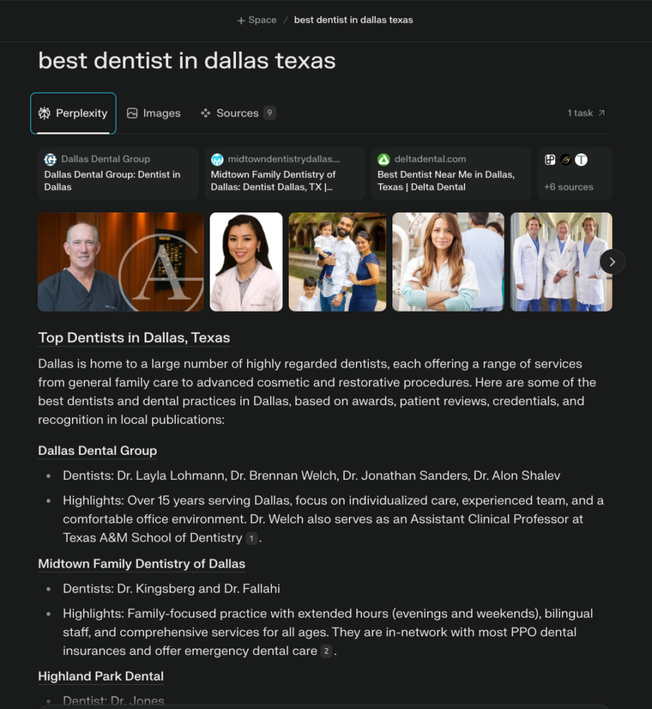 This image shows Perplexity results when users search for “best dentist in Dallas, Texas”
