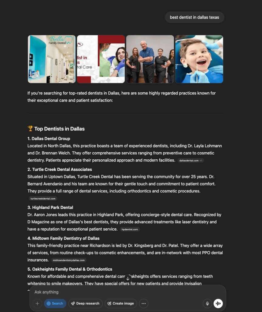This image shows ChatGPT results when users search for “best dentist in Dallas, Texas”