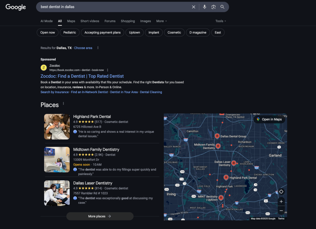 This image shows Google results when users search for “best dentist in Dallas, Texas”