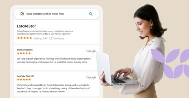 A woman using a laptop to monitor online business reputation.