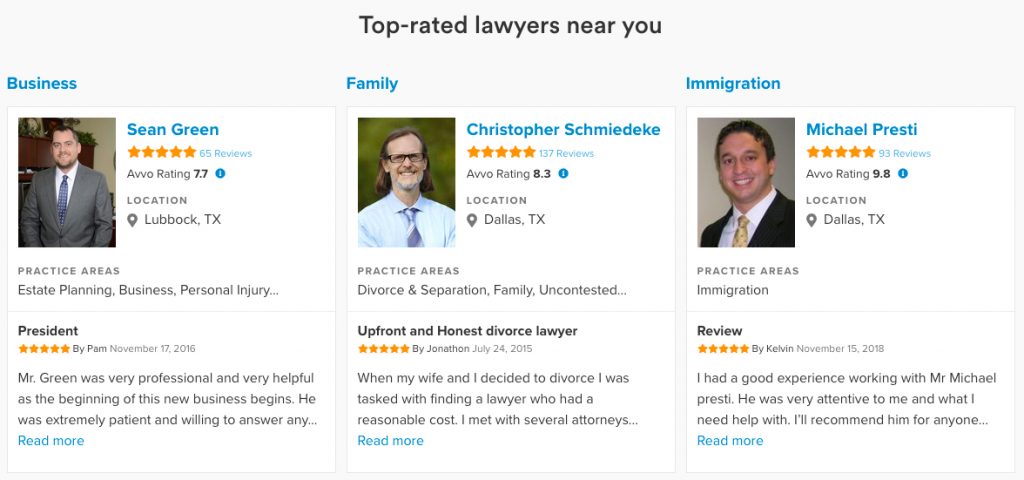 An example of review sites for lawyers - Avvo.com