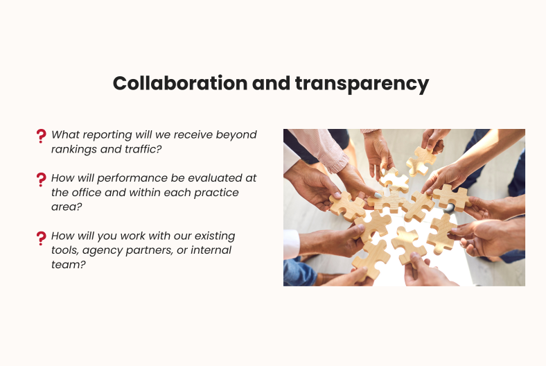 Collaboration and transparency graphic with questions about reporting and teamwork, next to an image of hands assembling puzzle pieces.