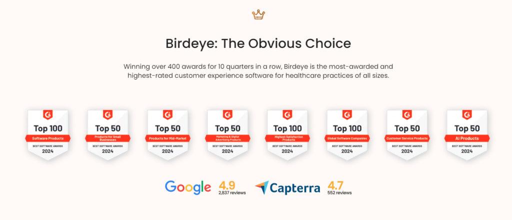 Image showing a list of Birdeye awards from G2 in addition to Google and Capterra ratings
