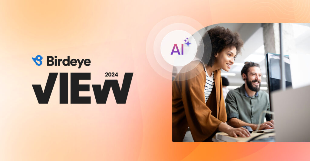 A girl and a boy looking at a computer next to the Birdeye View 2024 logo