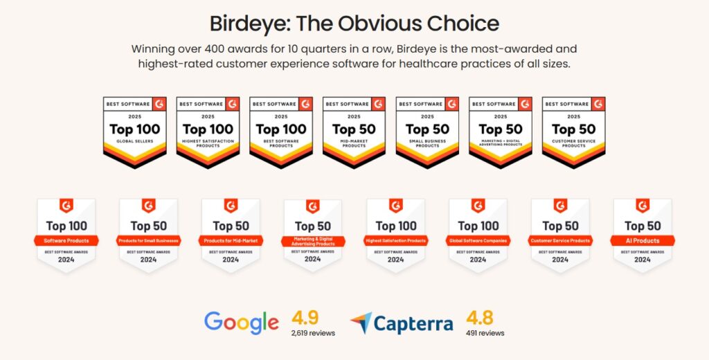 Icons of various 2025 awards won by Birdeye.