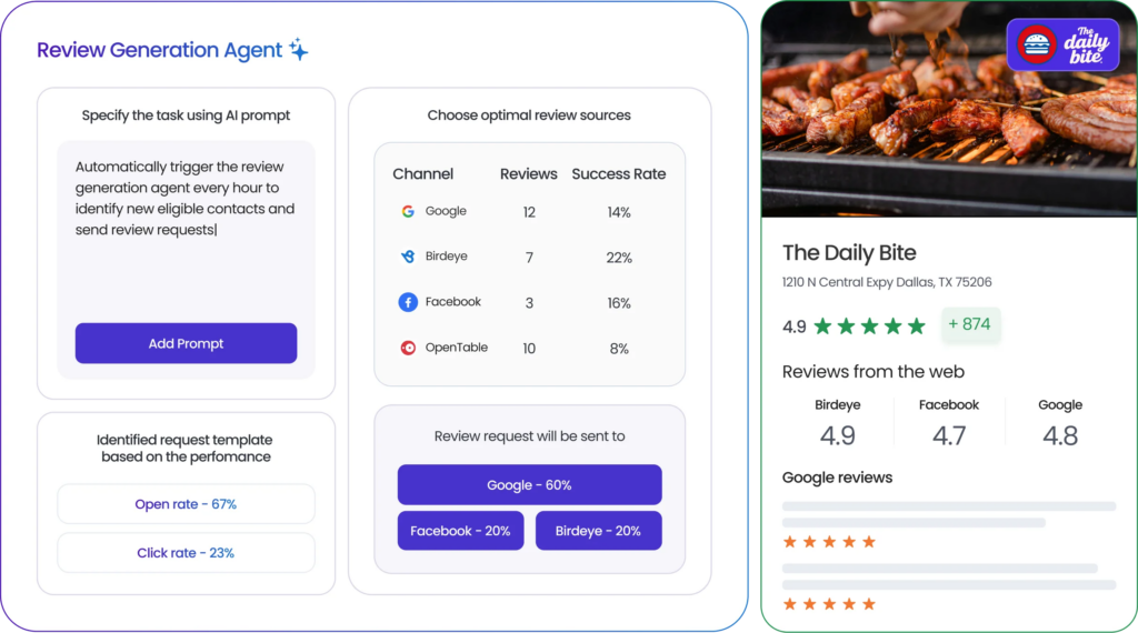 Screenshot of Birdeye Review Generation Agent interface showing AI-drafted review request message with human approval step before sending.