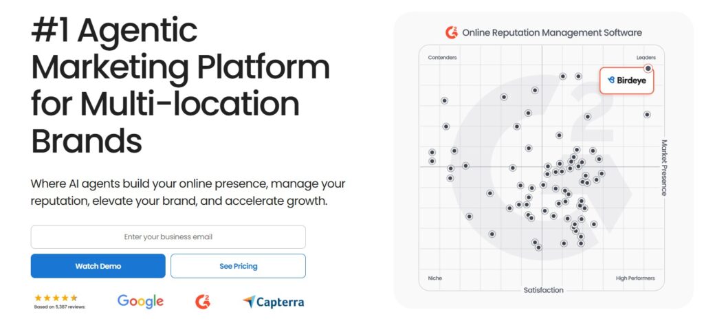 Birdeye screenshot showing it as the number 1 agentic marketing platform for multi-location brands.