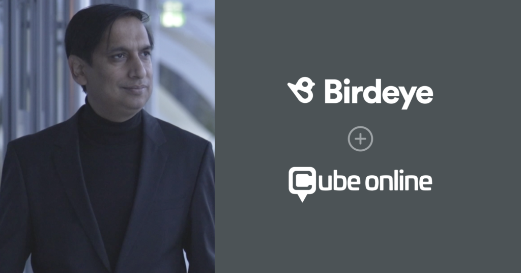Headshot of Birdeye CEO & Founder, Naveen Gupta and Birdeye and Cube Online Logos