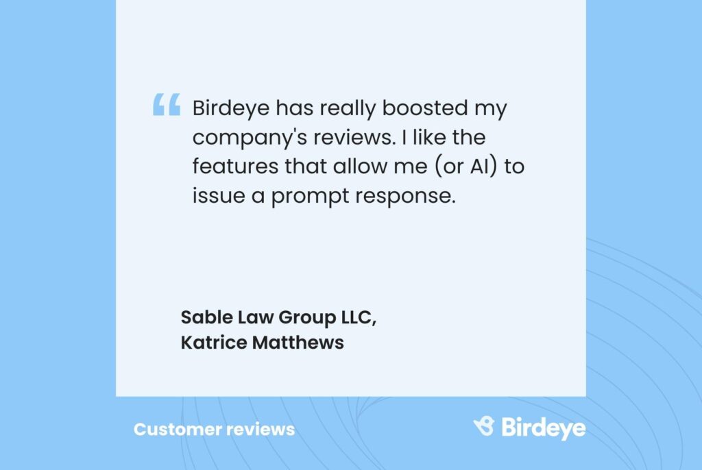 This is an image for the blog AI for reputation management. This customer's review after using Birdeye Reviews. Do more with BirdAI.