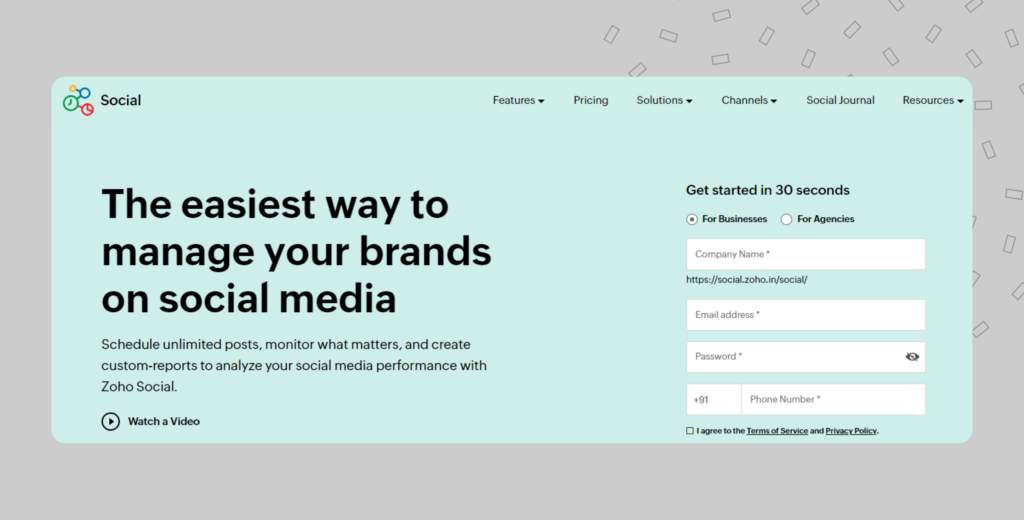 Zoho Social landing page