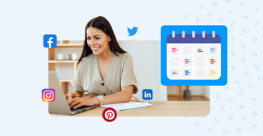 A woman working on here labtop with a pop up image of a social media calendar