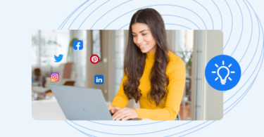 Business lady working on social media post ideas on her laptop.