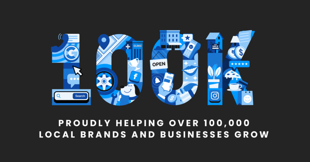 100K designed with images related to Birdeye to celebrate the milestone of 100K businesses using the Birdeye platform