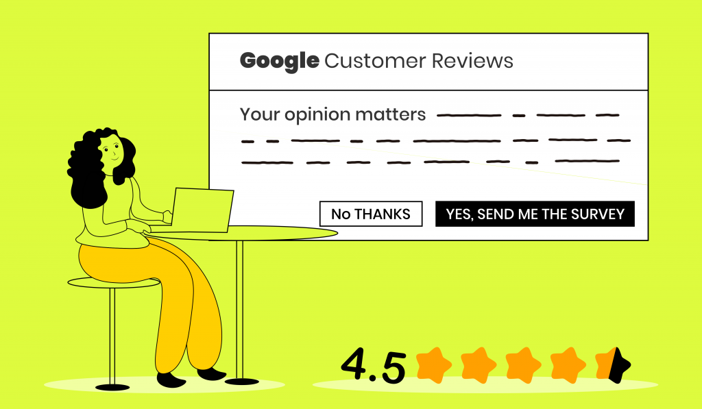 Graphic design of a business person using Google Customer Reviews to improve their online visibility.