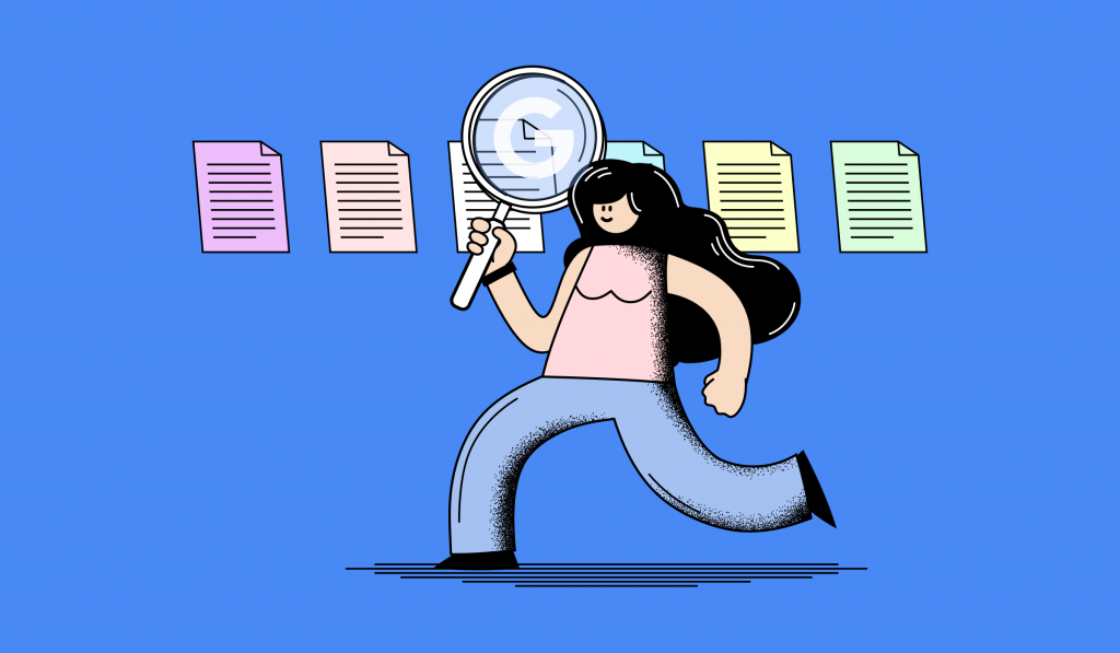 Google My Business Categories - an illustration of a woman running with a magnifying glass