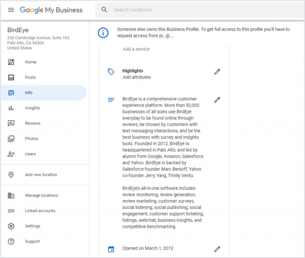 Birdeye information on Google Business Profile Manager dashboard