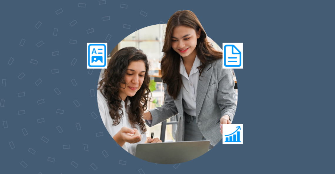 Image depicts two business professionals discussing business letters.