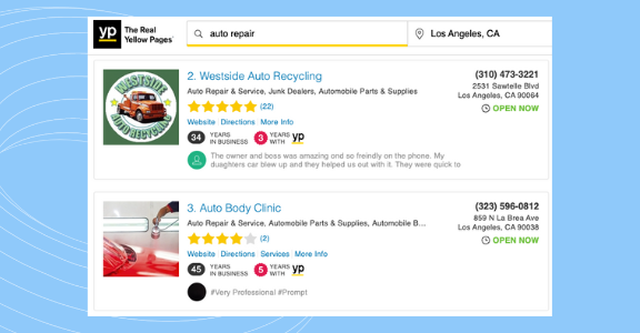Example of business listings on Yellow Pages website.