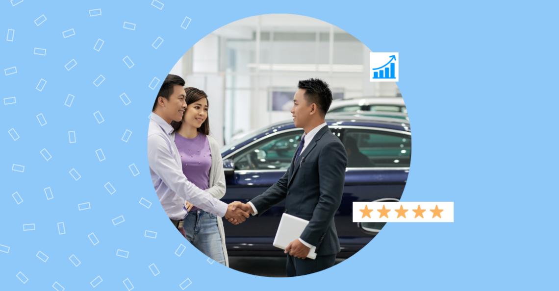 Image shows two people buying a car based on Carfax reviews