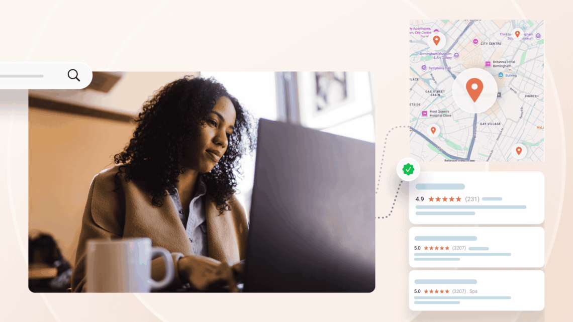 A business woman looking at the screen. She is online doing local search on ChatGPT