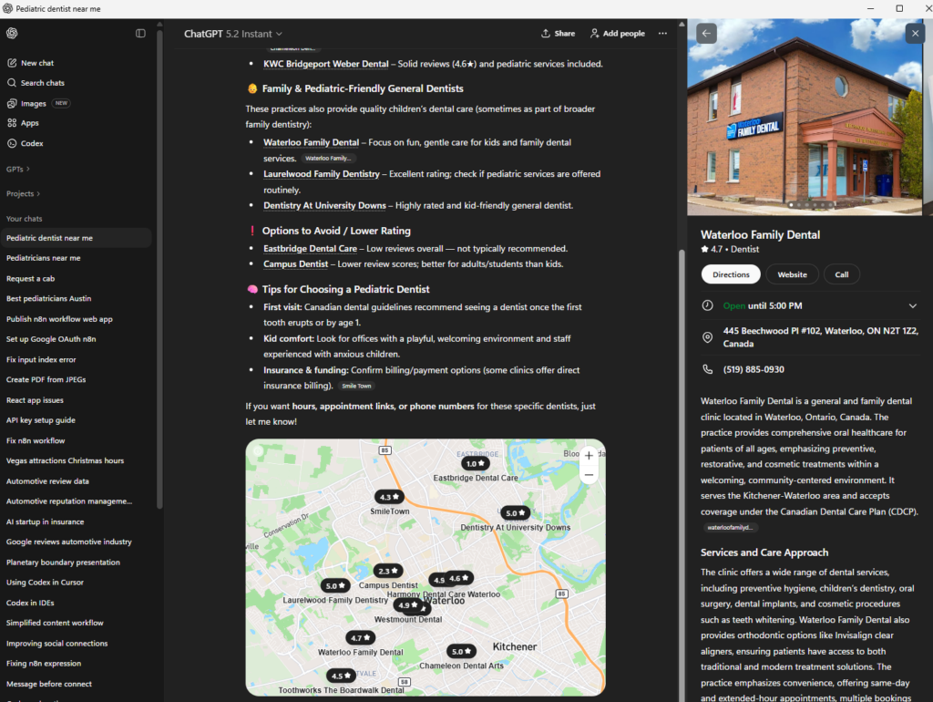 ChatGPT search screen with results for the query - best pediatric dentist near me