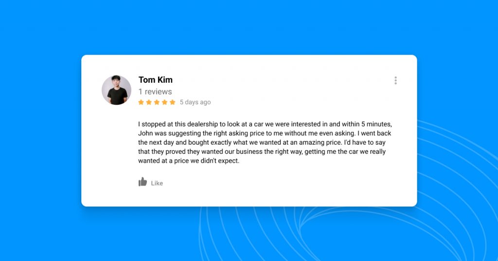 Image of a car dealer review example about negotiations