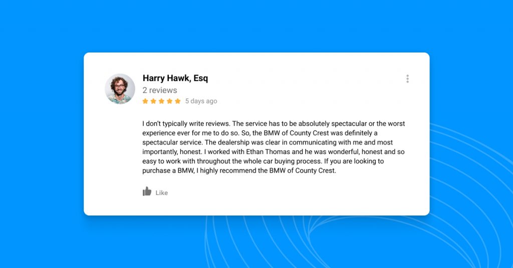 Image of a car dealer review example about recommendations