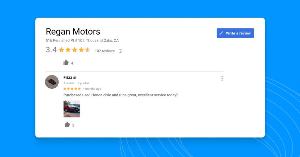 Image example of a Google review for a car dealership