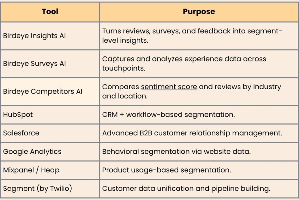 Comparison table for customer segmentation tools