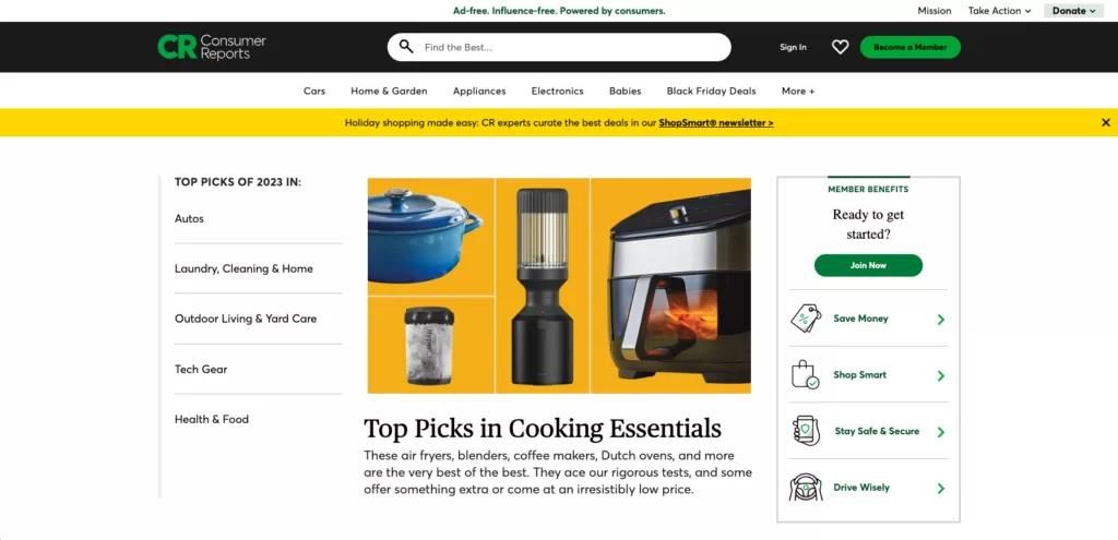 Screenshot of Consumer reports, a retail review site.