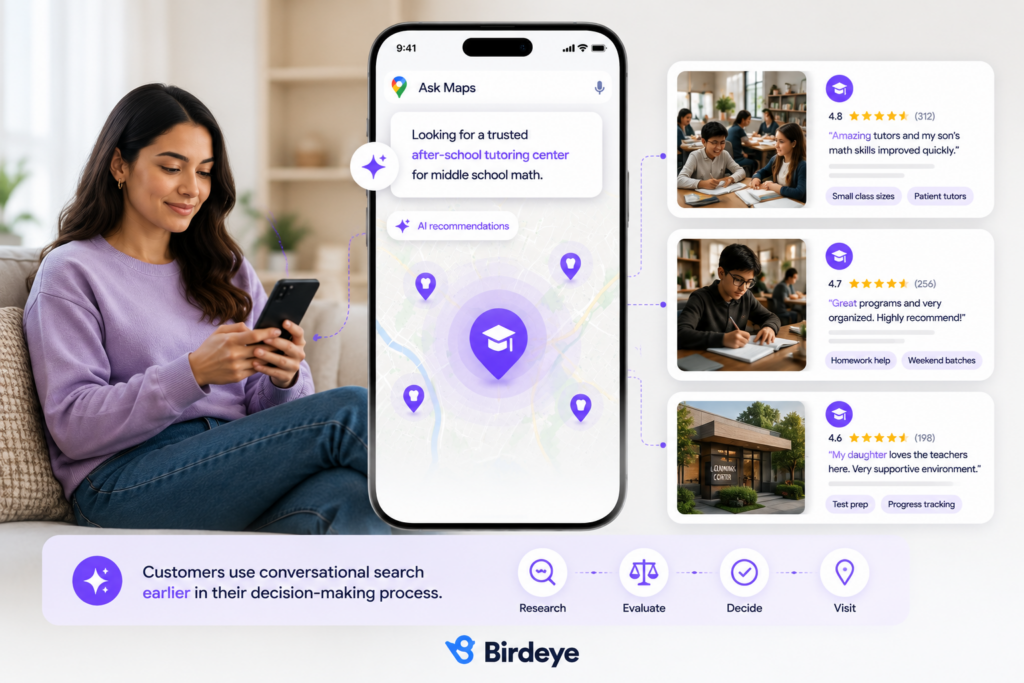Birdeye illustration showing a customer using Google Ask Maps to research businesses during the evaluation stage, with AI-powered recommendations helping compare local options before making a visit decision.
